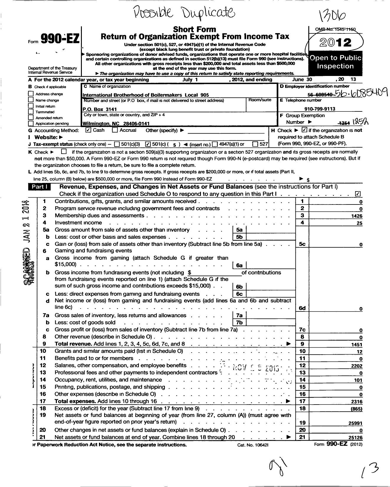 Image of first page of 2012 Form 990EO for International Brotherhood of Boilermakers - 905 Lodge