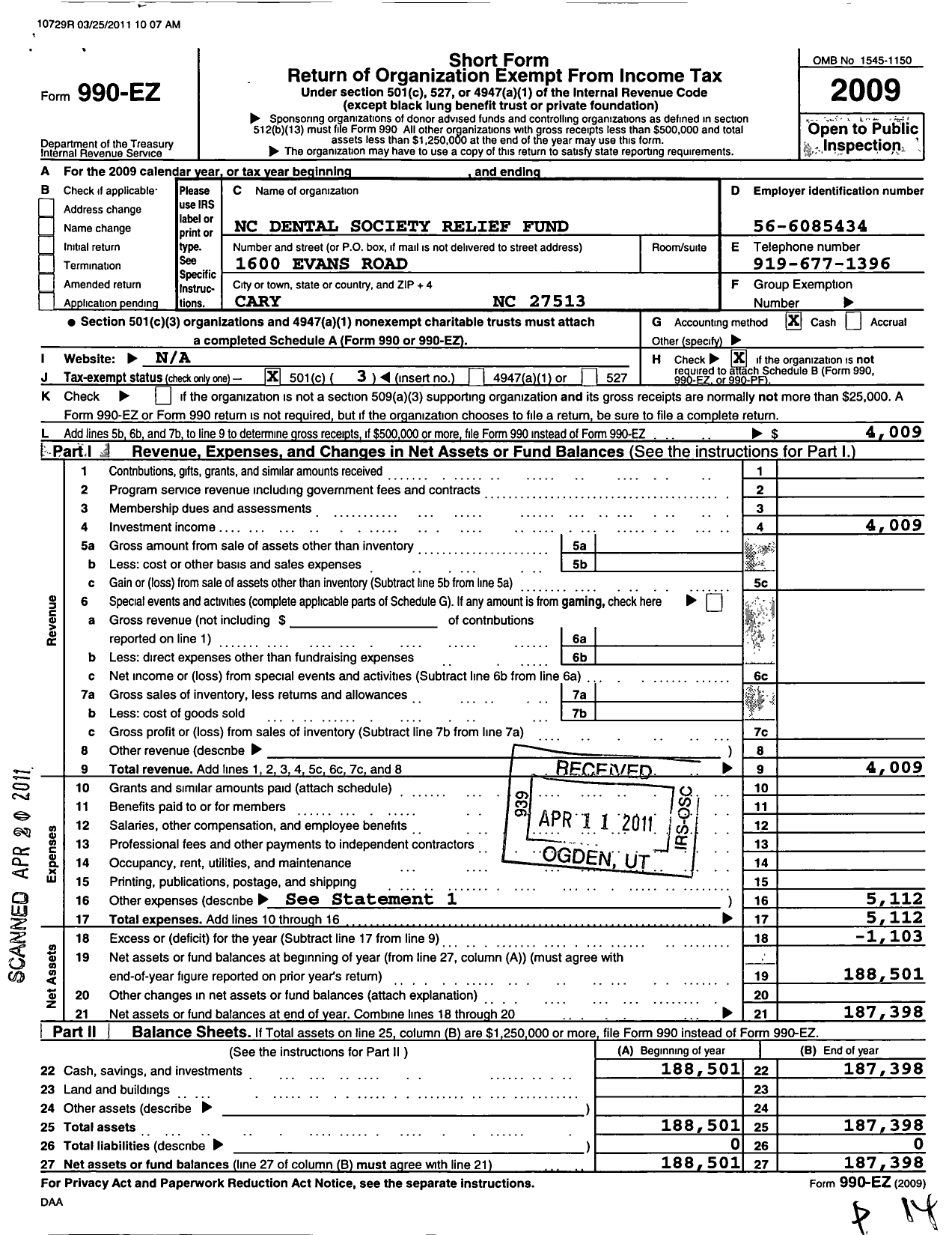 Image of first page of 2009 Form 990EZ for North Carolina Dental Society Relief Fund