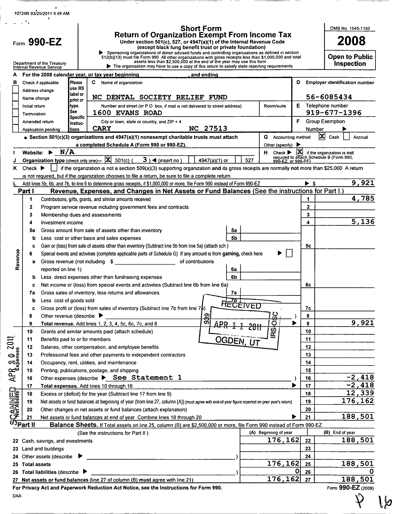 Image of first page of 2008 Form 990EZ for North Carolina Dental Society Relief Fund