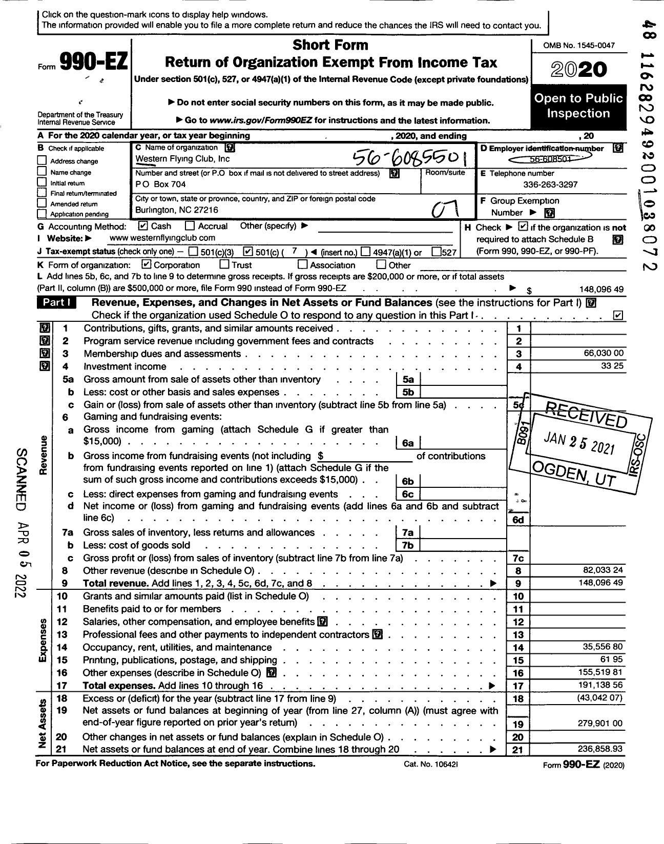 Image of first page of 2020 Form 990EO for Western Flying Club