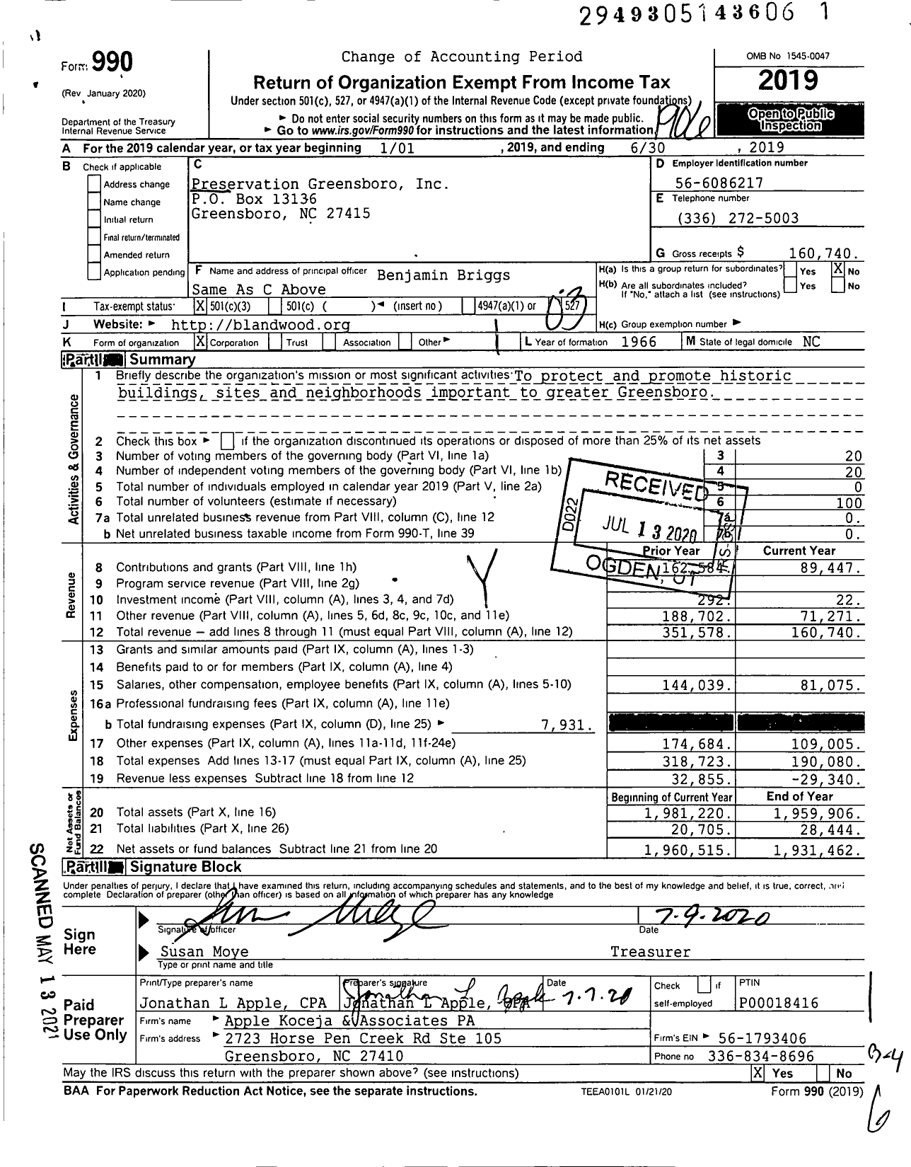 Image of first page of 2018 Form 990 for Preservation Greensboro