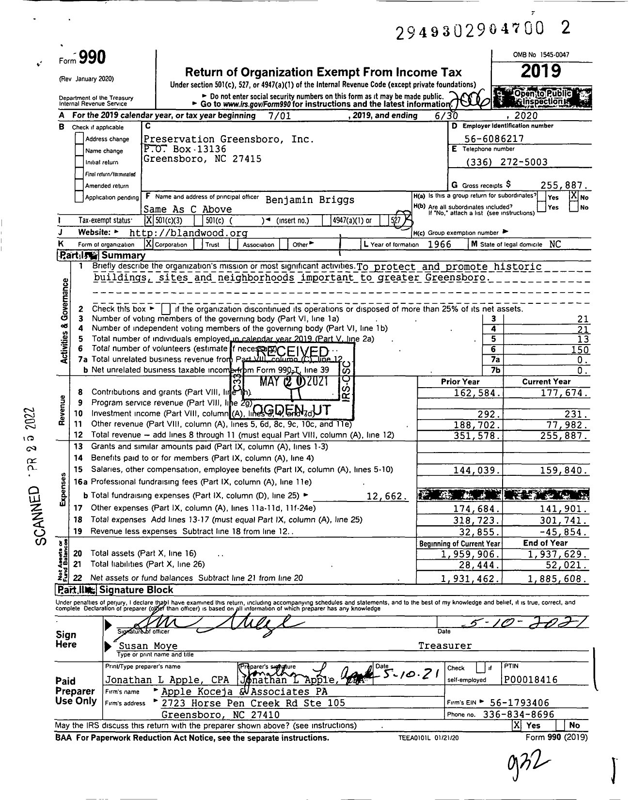 Image of first page of 2019 Form 990 for Preservation Greensboro