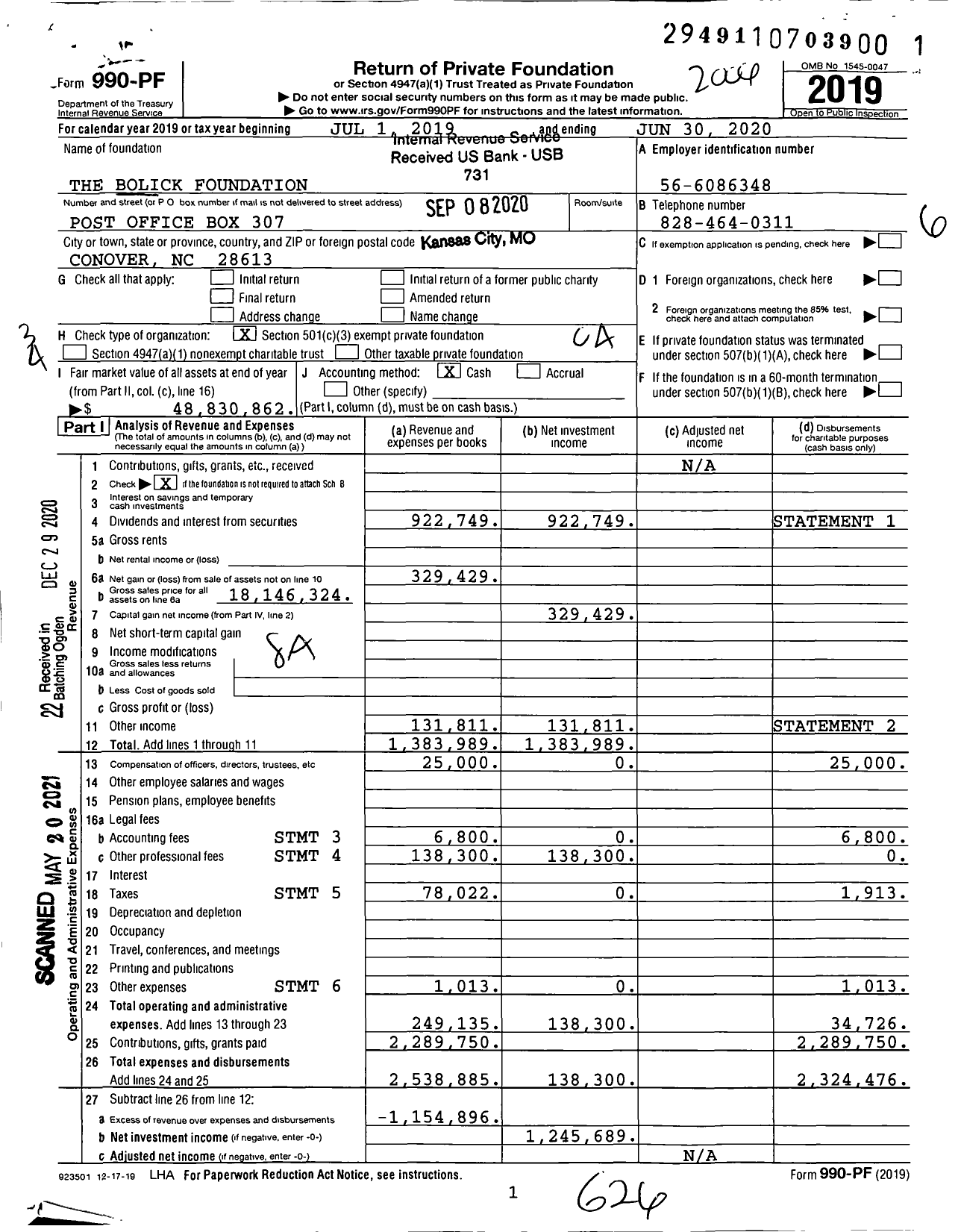 Image of first page of 2019 Form 990PF for The Bolick Foundation