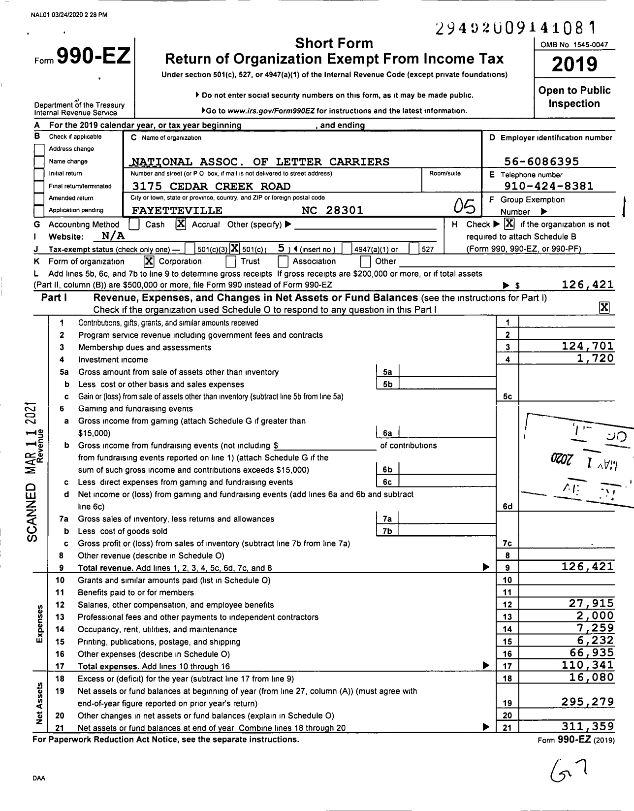 Image of first page of 2019 Form 990EO for National Association of Letter Carriers - 1128 Lewis M Tucker Merged Branch