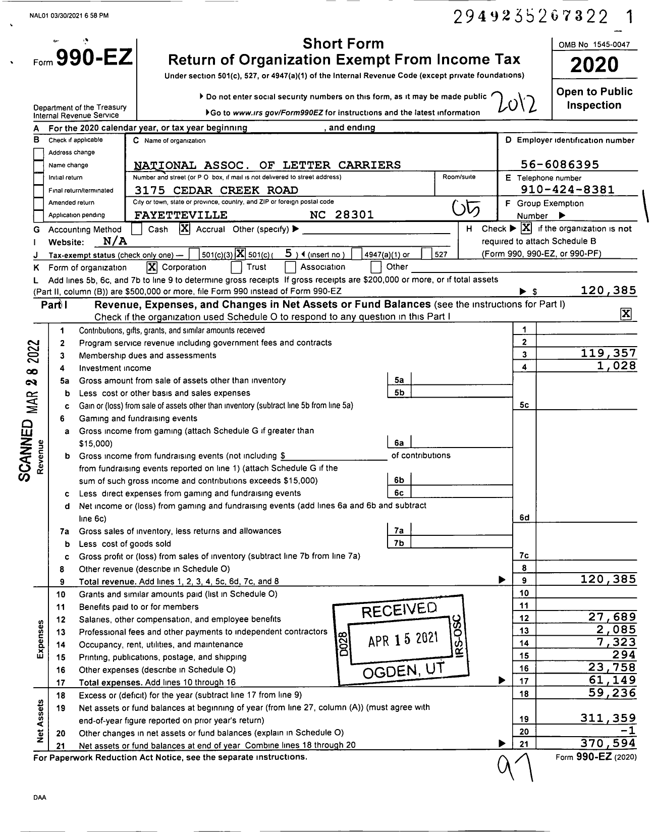 Image of first page of 2020 Form 990EO for National Association of Letter Carriers - 1128 Lewis M Tucker Merged Branch