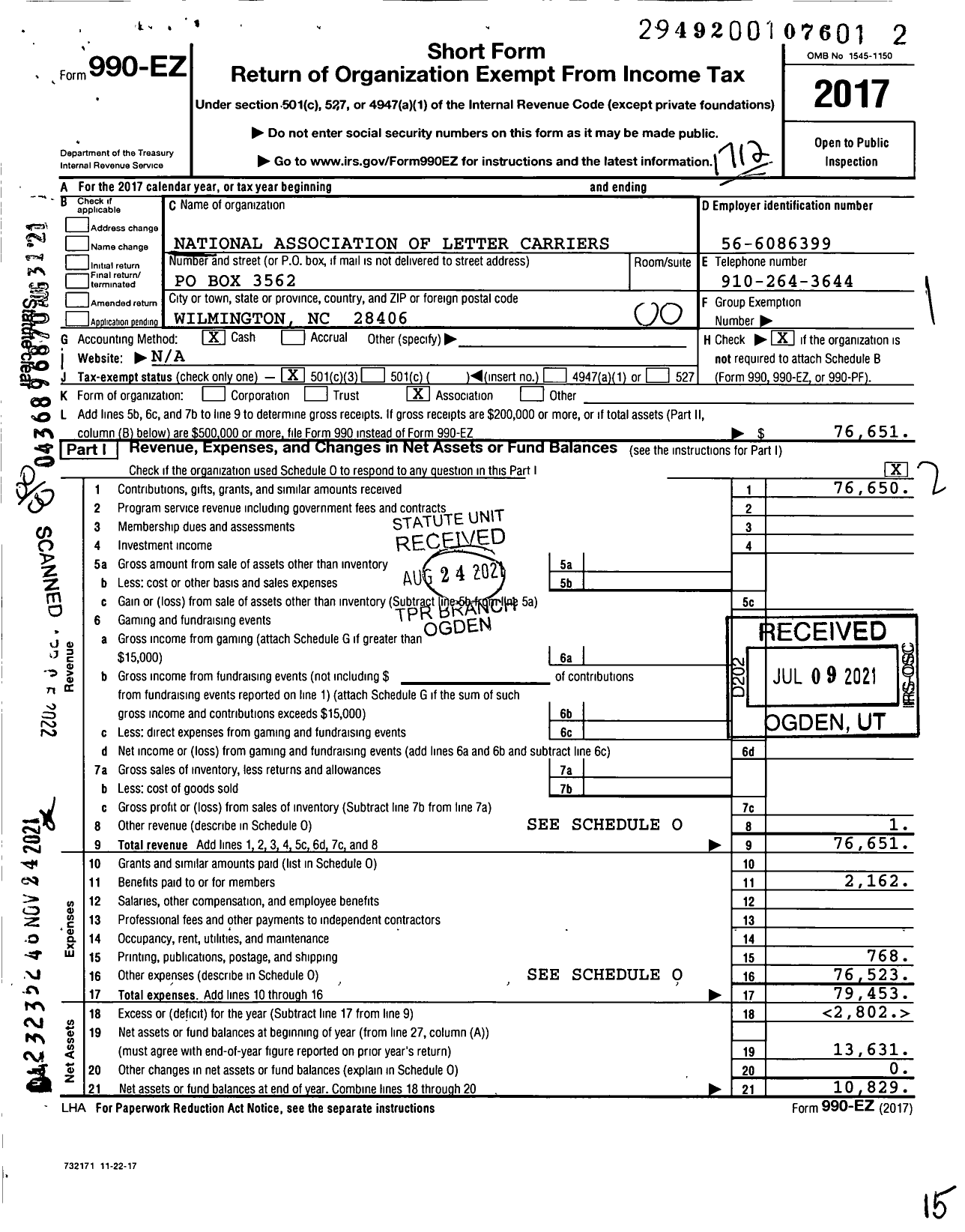 Image of first page of 2017 Form 990EO for National Association of Letter Carriers Lower Cape Fear Branch 46