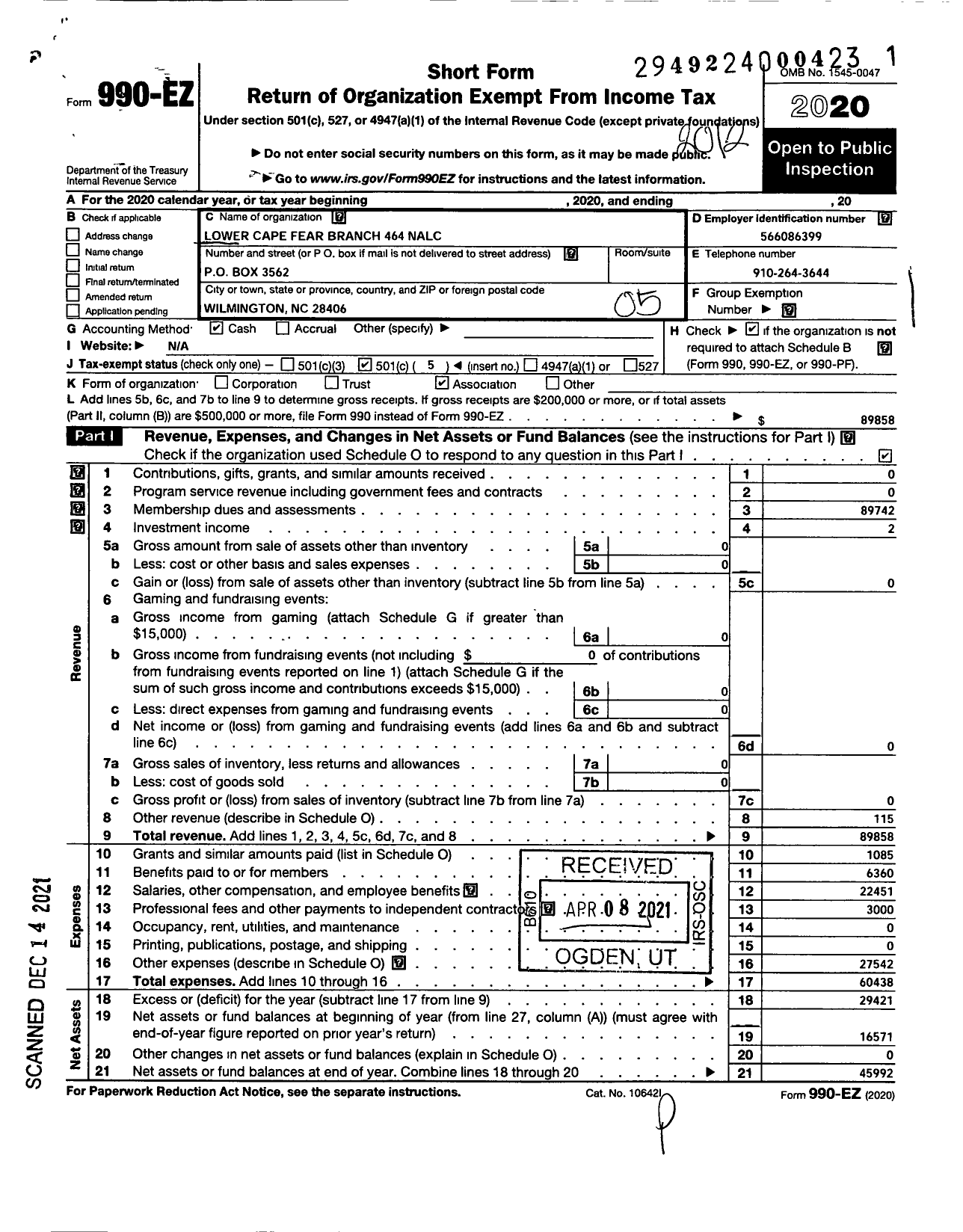 Image of first page of 2020 Form 990EO for National Association of Letter Carriers Lower Cape Fear Branch 46