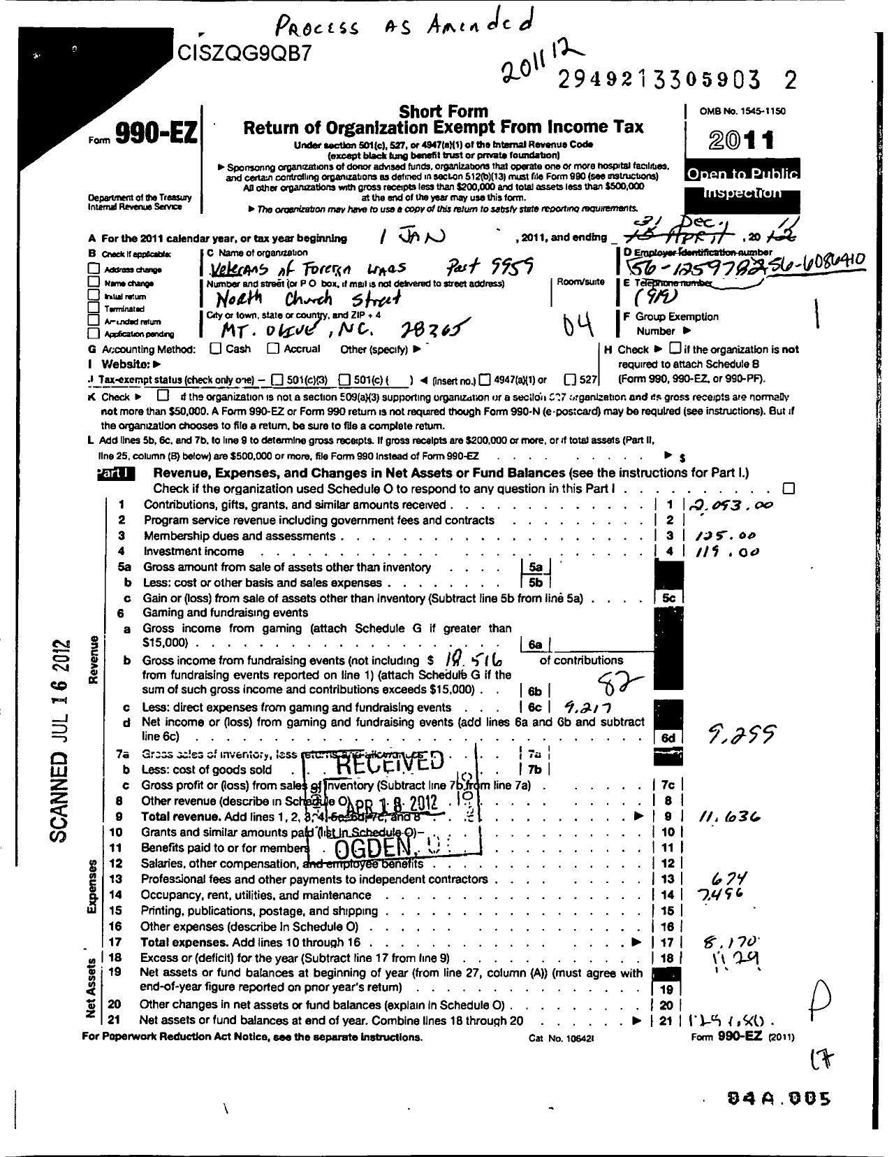 Image of first page of 2011 Form 990EO for VFW NC - 9959 Mount Olive Post