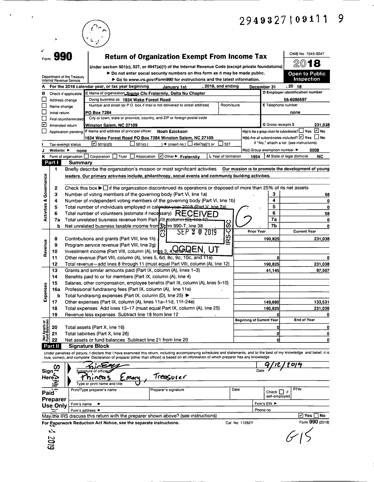 Image of first page of 2018 Form 990 for Sigma Chi Fraternity Delta Nu Chapter