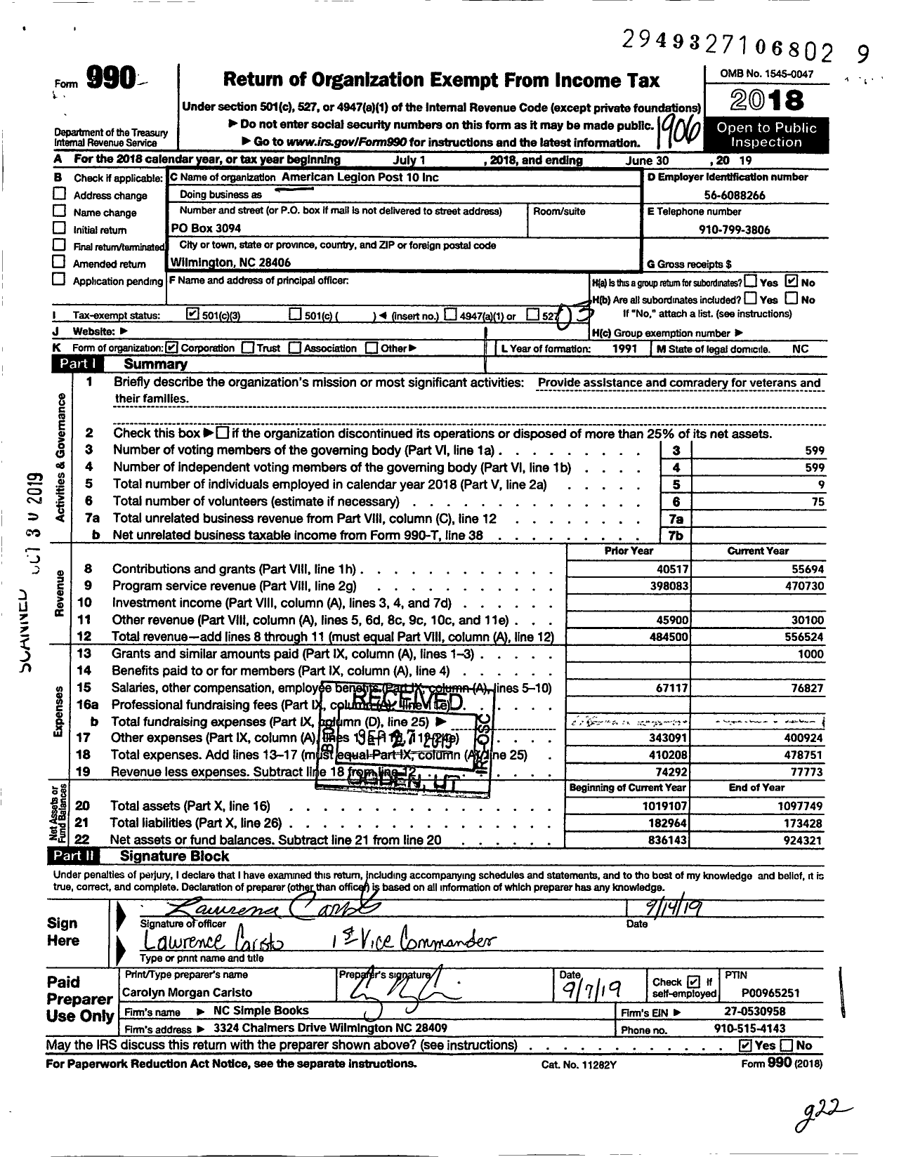 Image of first page of 2018 Form 990 for American Legion - 0010 Wilmington