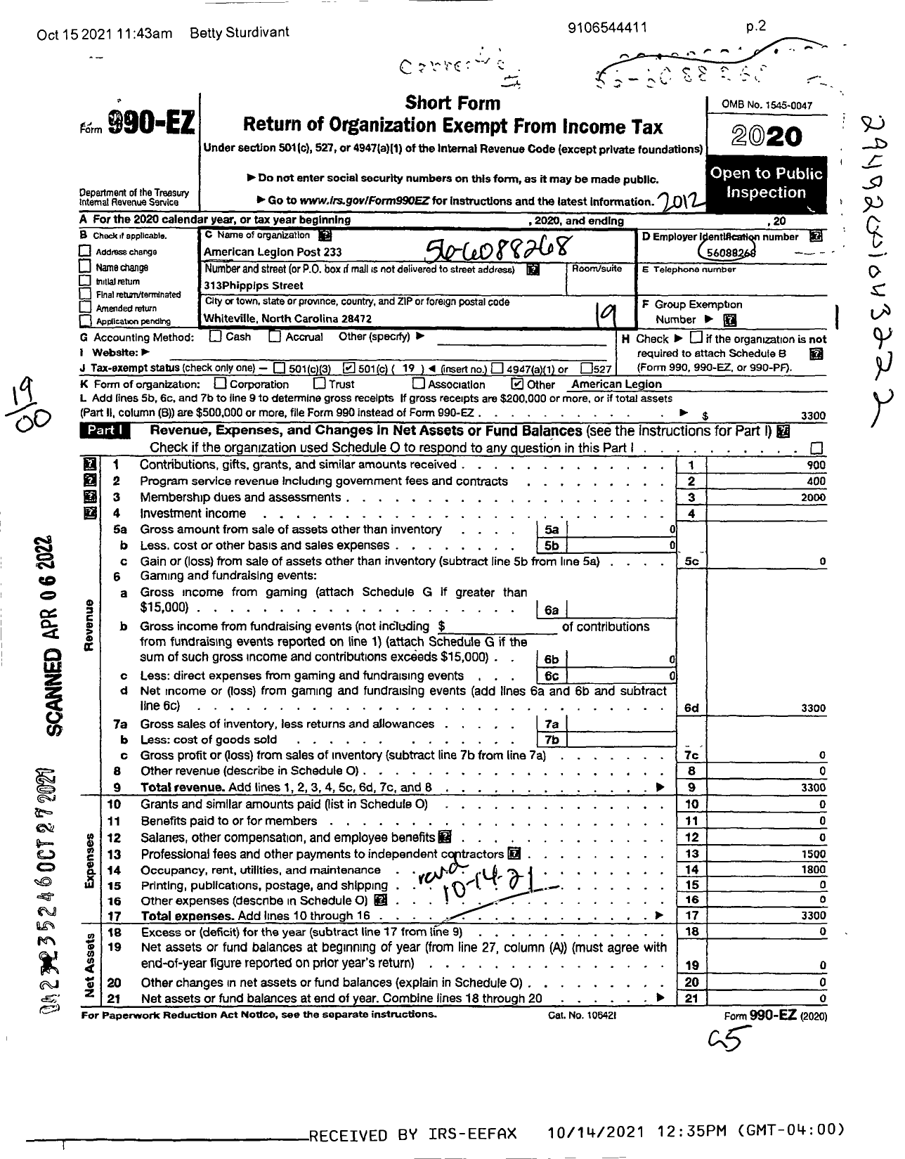 Image of first page of 2020 Form 990EO for American Legion - 233 Lennon-Spaulding