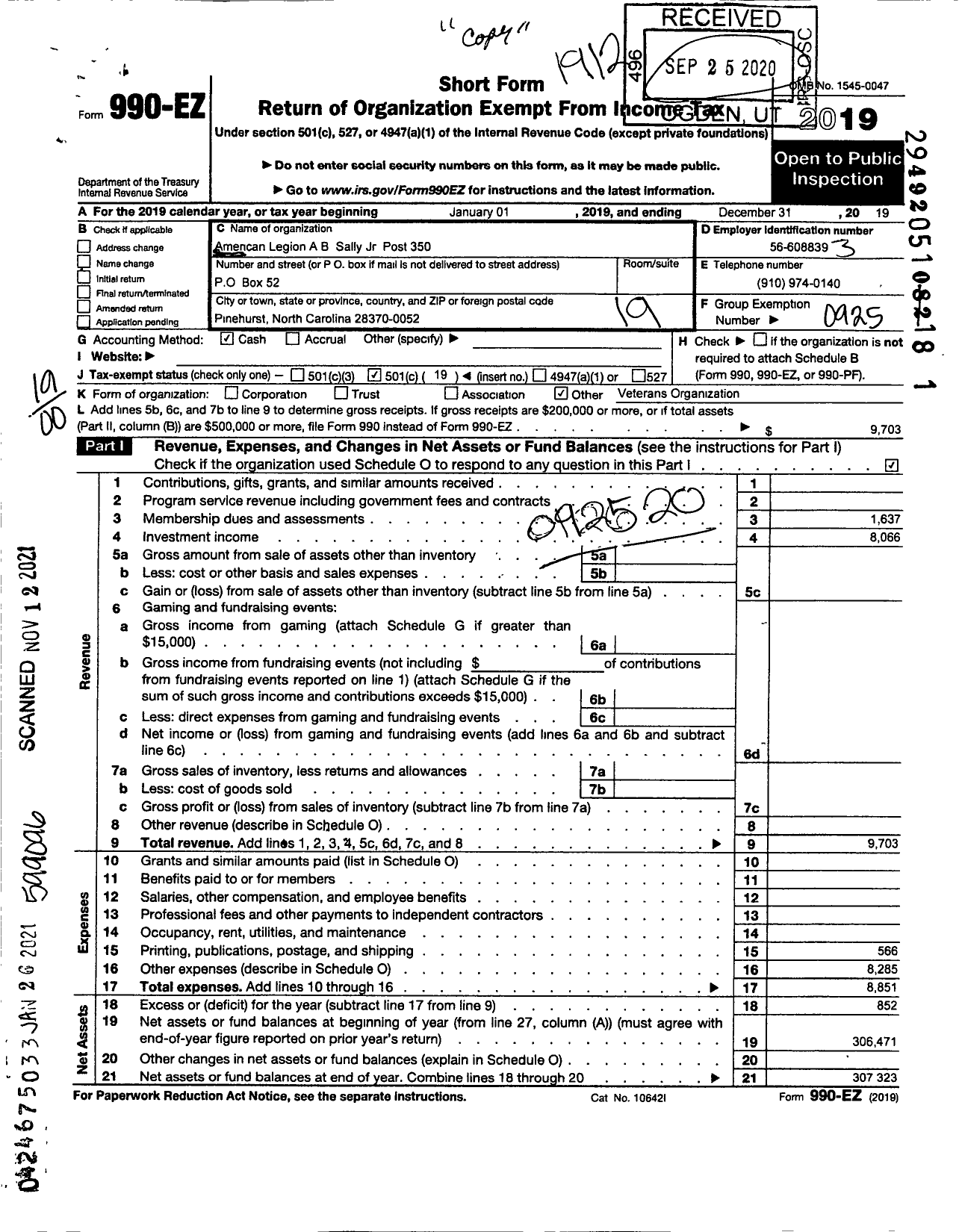 Image of first page of 2019 Form 990EO for American Legion - 350 A B Sally JR Post