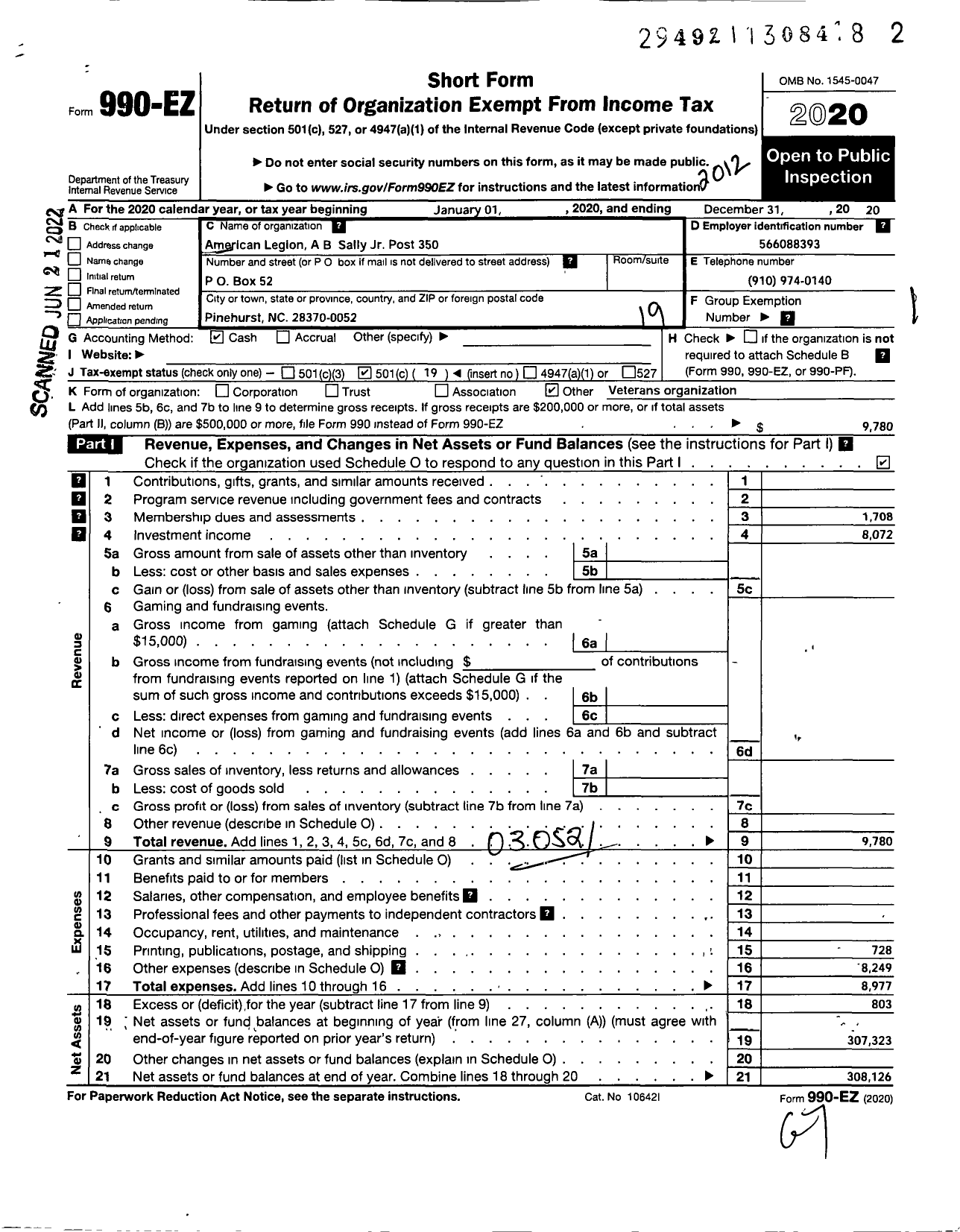 Image of first page of 2020 Form 990EO for American Legion - 350 A B Sally JR Post