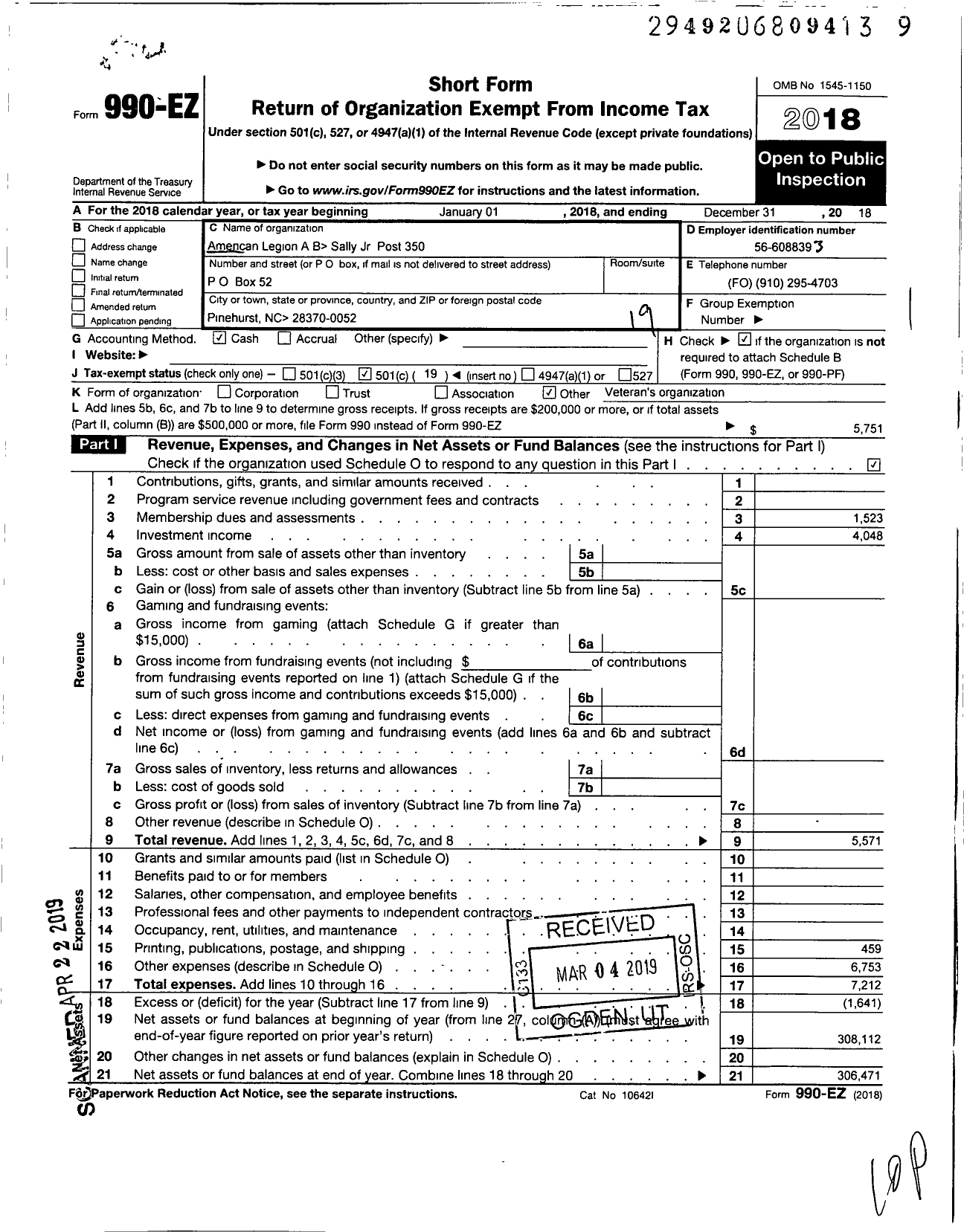 Image of first page of 2018 Form 990EO for American Legion - 350 A B Sally JR Post