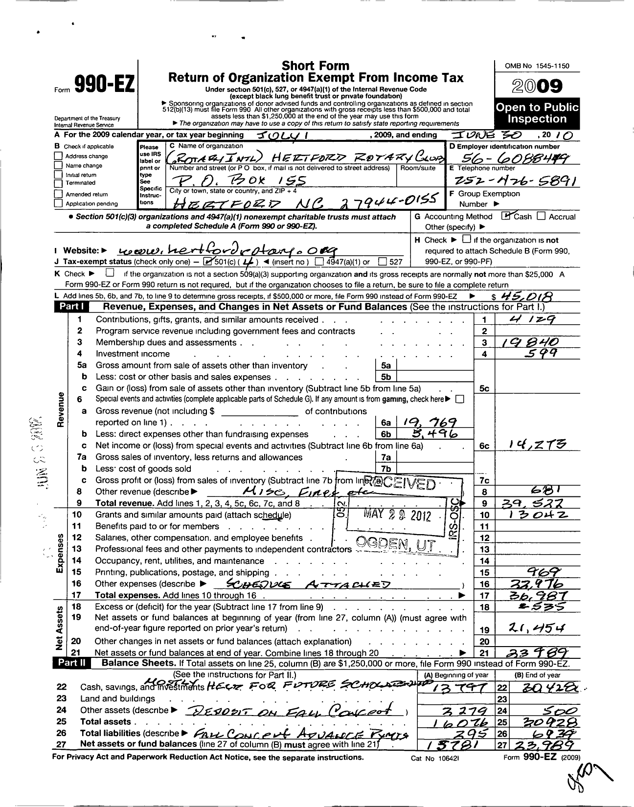 Image of first page of 2009 Form 990EO for Rotary International - Hertford Rotary Club