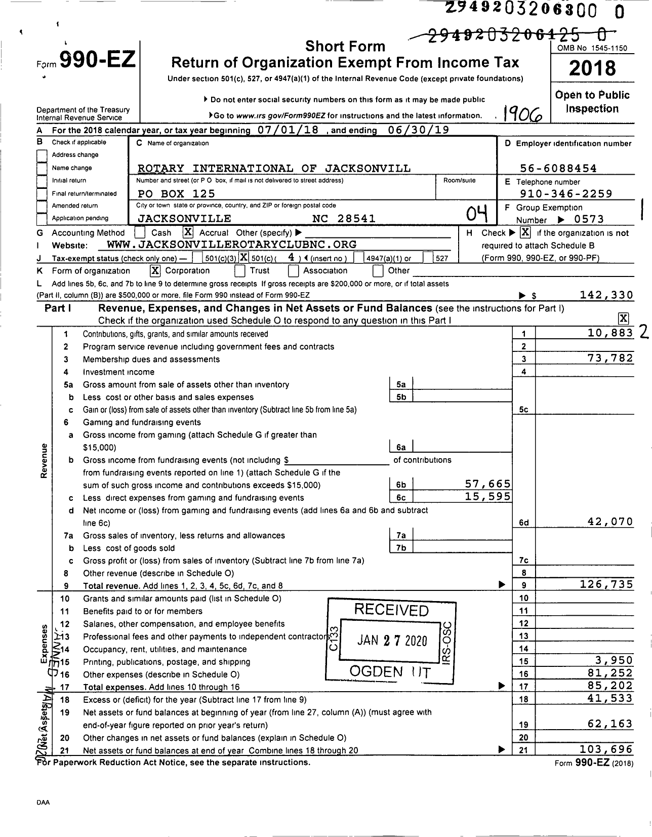 Image of first page of 2018 Form 990EO for Rotary International - Jacksonville