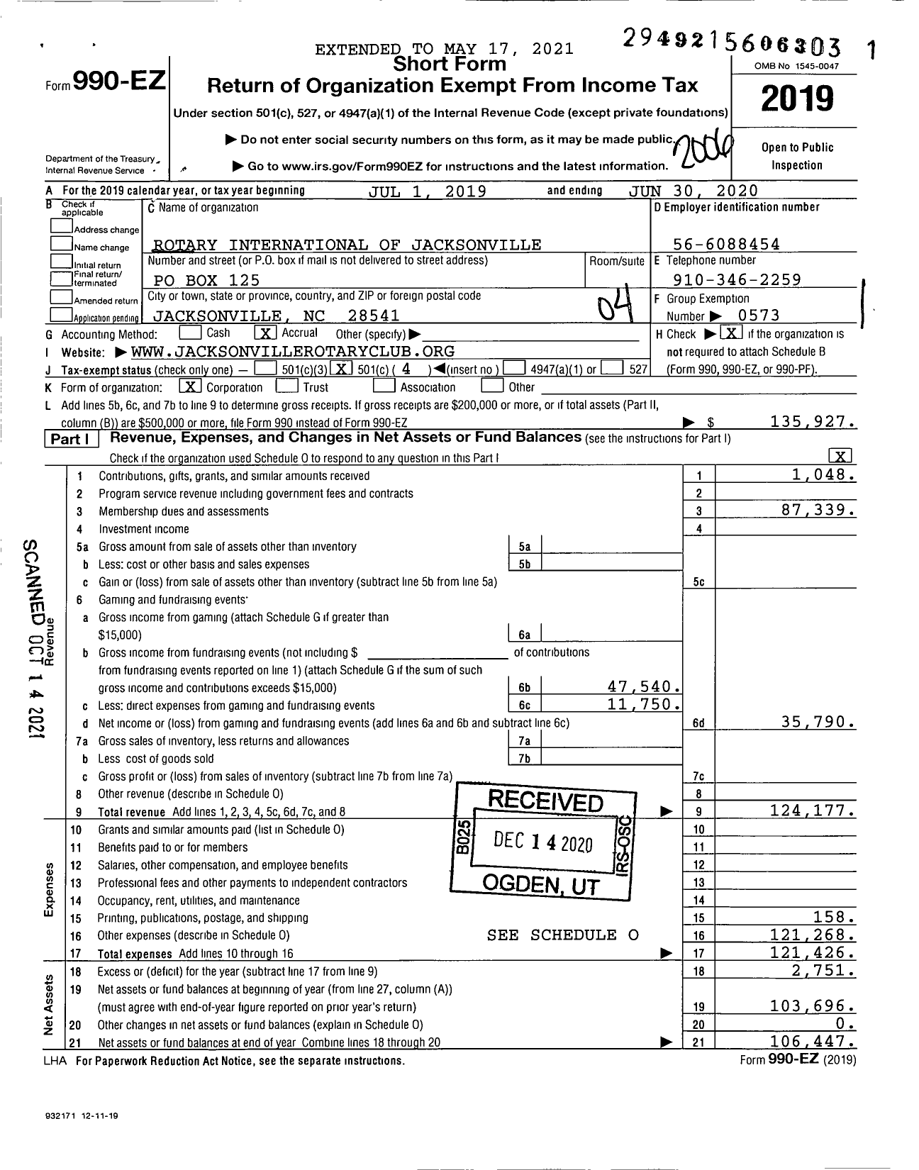 Image of first page of 2019 Form 990EO for Rotary International - Jacksonville