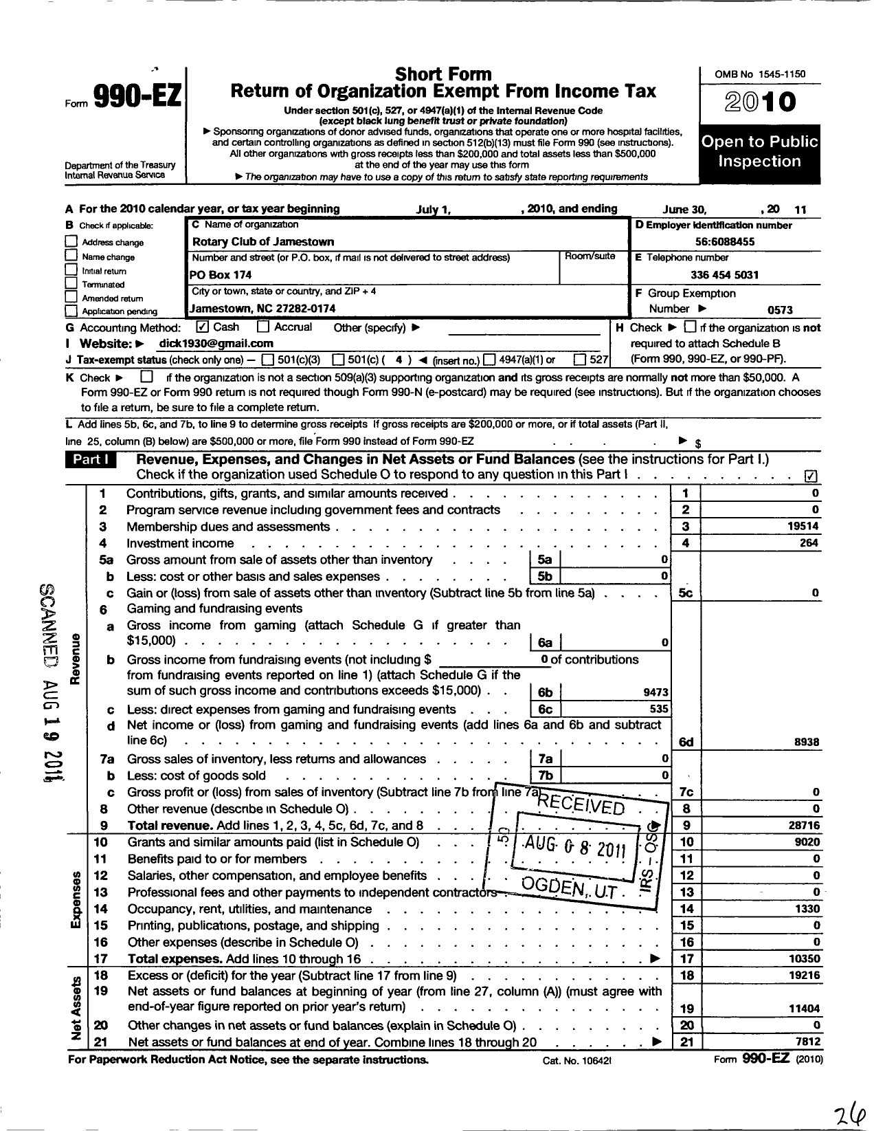 Image of first page of 2010 Form 990EO for Rotary International - Rotary Club of Jamestown