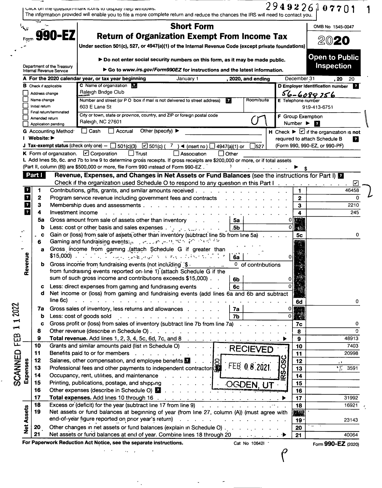 Image of first page of 2020 Form 990EO for Bridge Club Raleigh