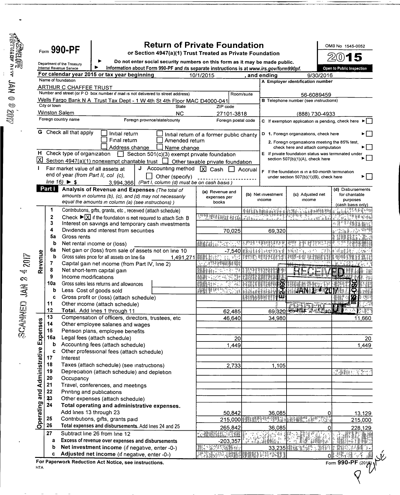 Image of first page of 2015 Form 990PF for Arthur C Chaffee Trust