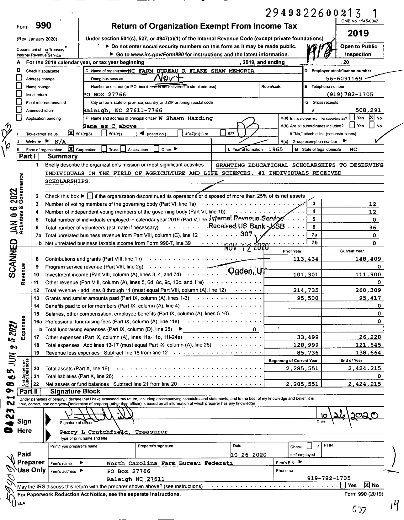 Image of first page of 2019 Form 990 for NC Farm Bureau R Flake Shaw Memorial Scholarship Fund