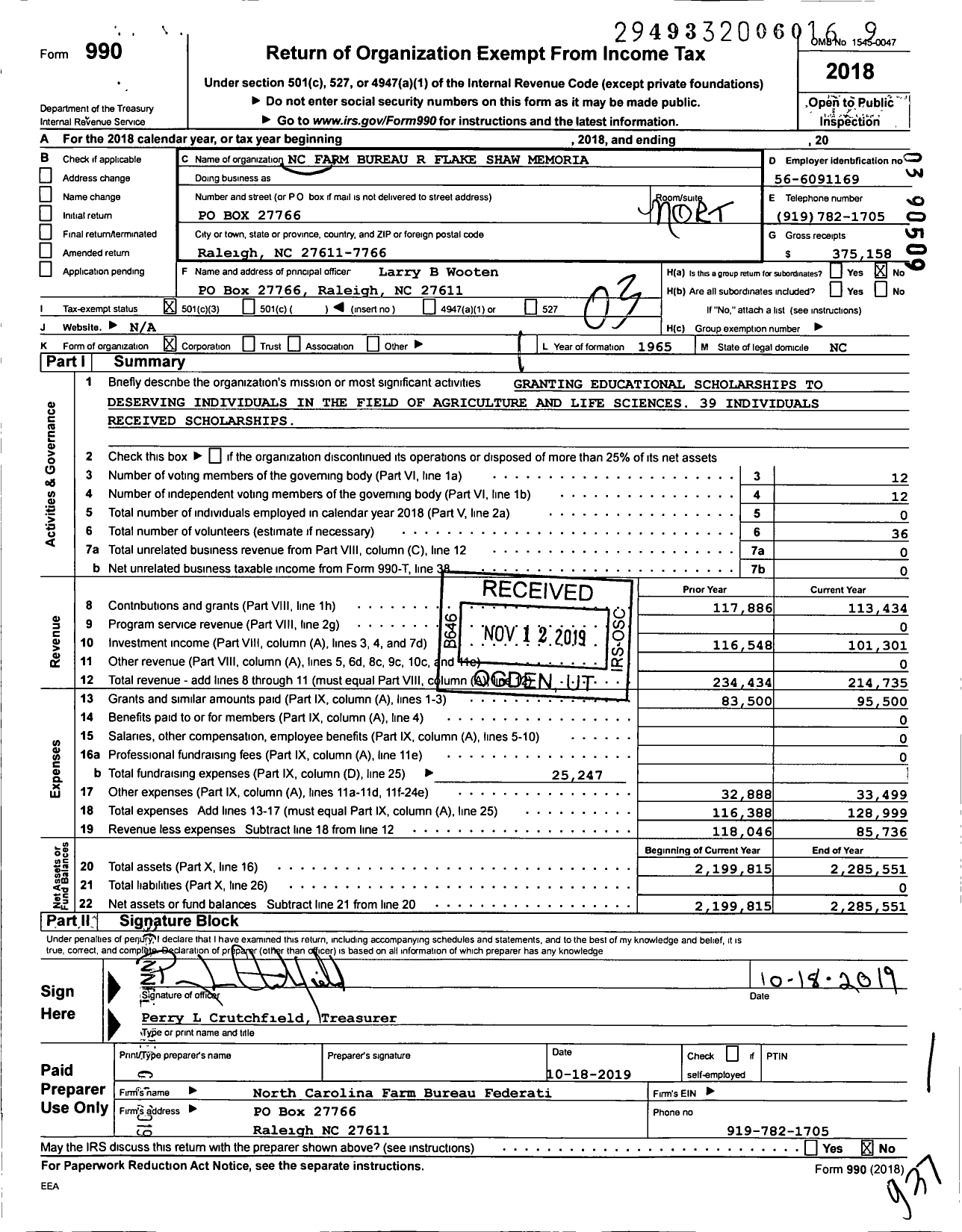 Image of first page of 2018 Form 990 for NC Farm Bureau R Flake Shaw Memorial Scholarship Fund