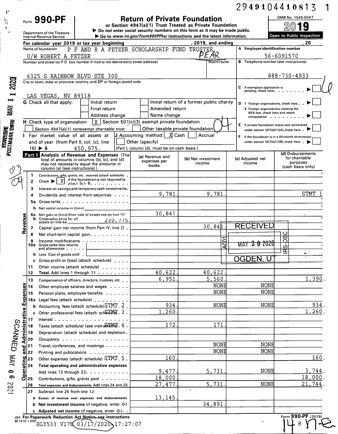 Image of first page of 2019 Form 990PF for P F and R A Fetzer Scholarship Fund Trustee