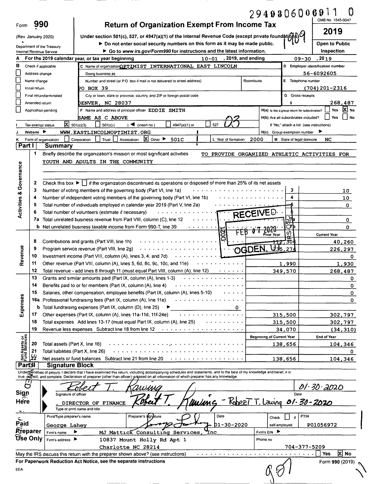 Image of first page of 2018 Form 990 for Optimist International - 44138 Oc of Denver-East Lincoln NC