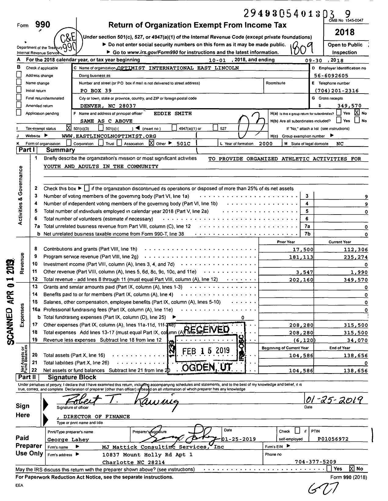 Image of first page of 2017 Form 990 for Optimist International - 44138 Oc of Denver-East Lincoln NC