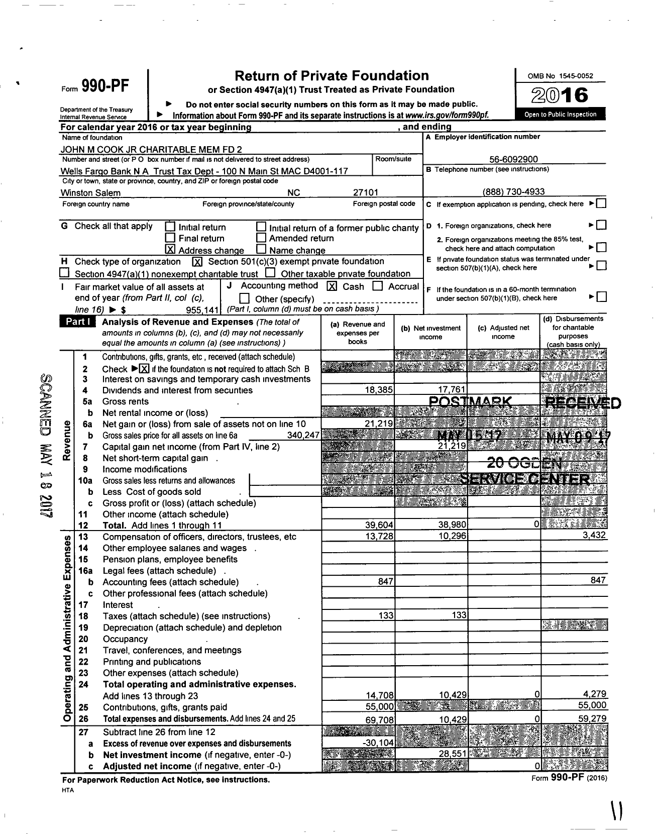 Image of first page of 2016 Form 990PF for John M Cook JR Charitable Mem FD 2