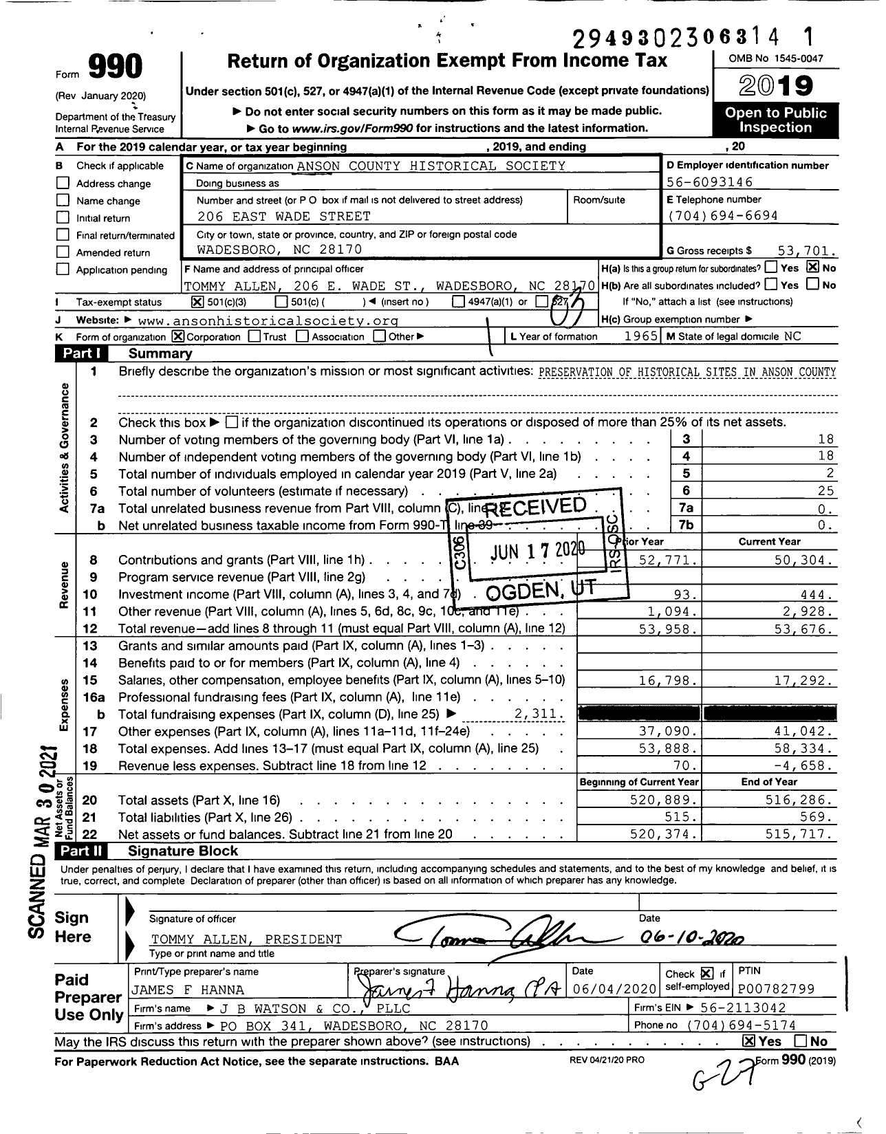 Image of first page of 2019 Form 990 for Anson County Historical Society