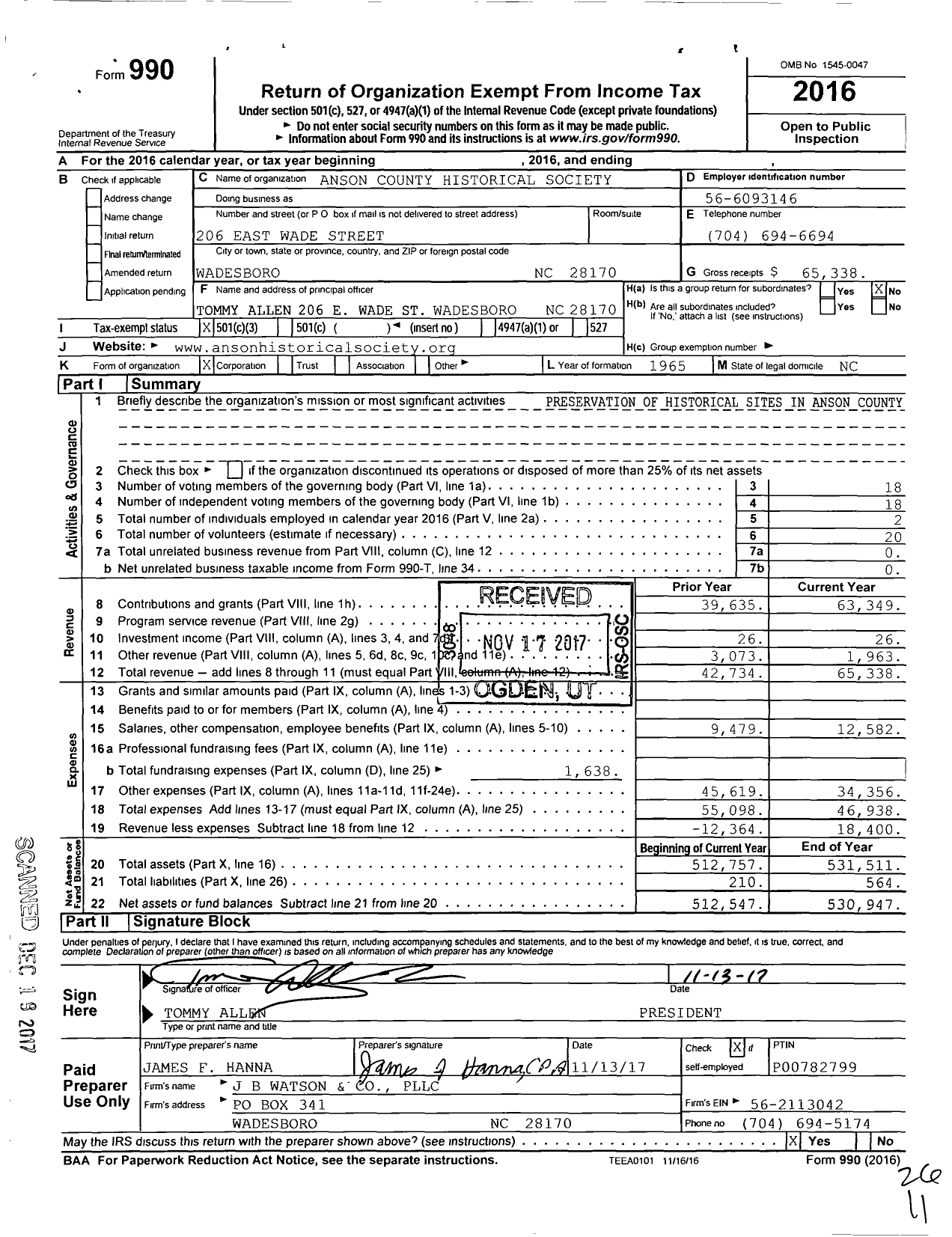 Image of first page of 2016 Form 990 for Anson County Historical Society