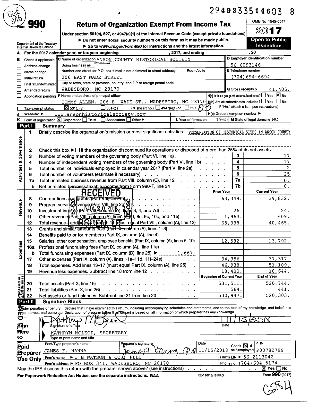 Image of first page of 2017 Form 990 for Anson County Historical Society