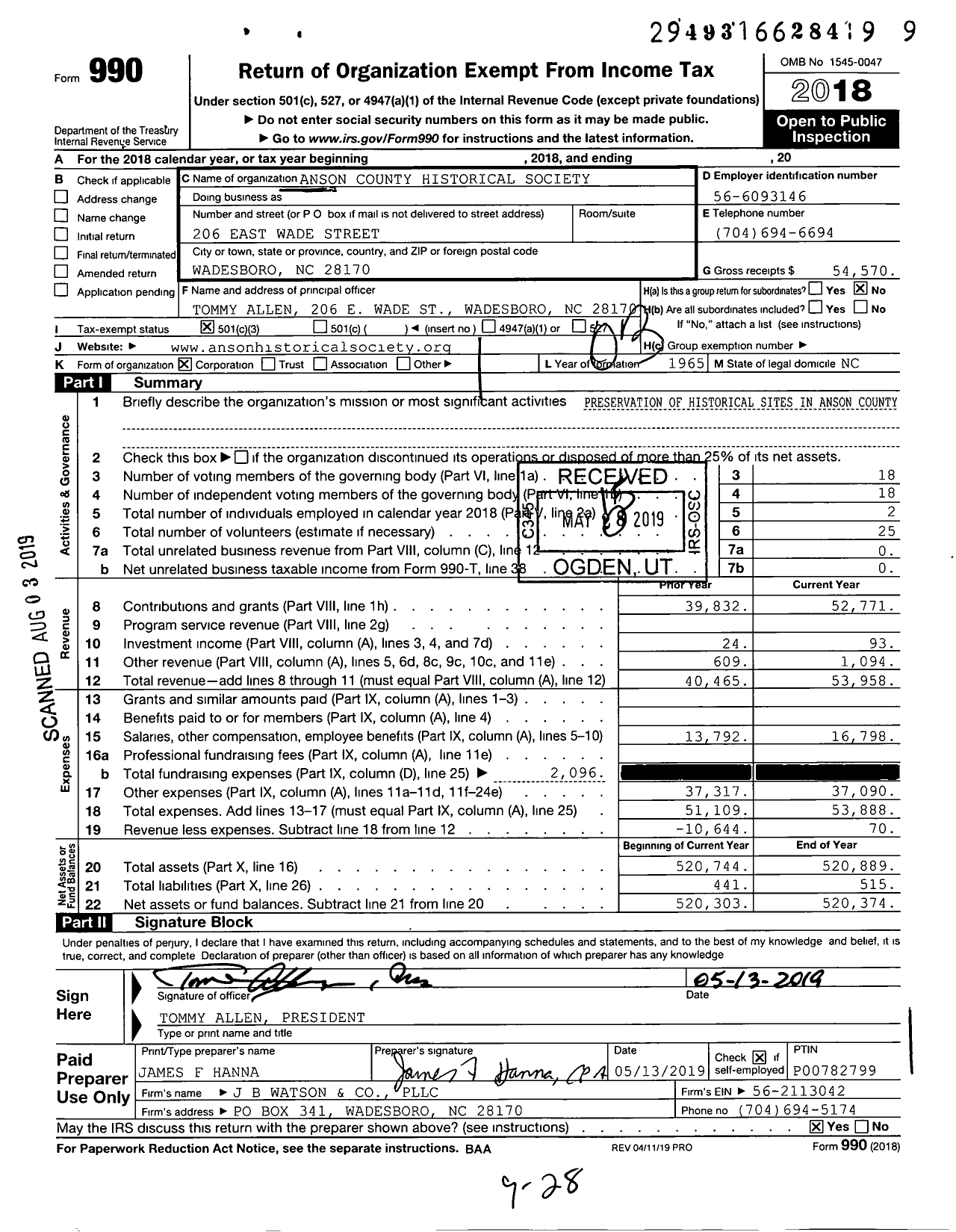 Image of first page of 2018 Form 990 for Anson County Historical Society