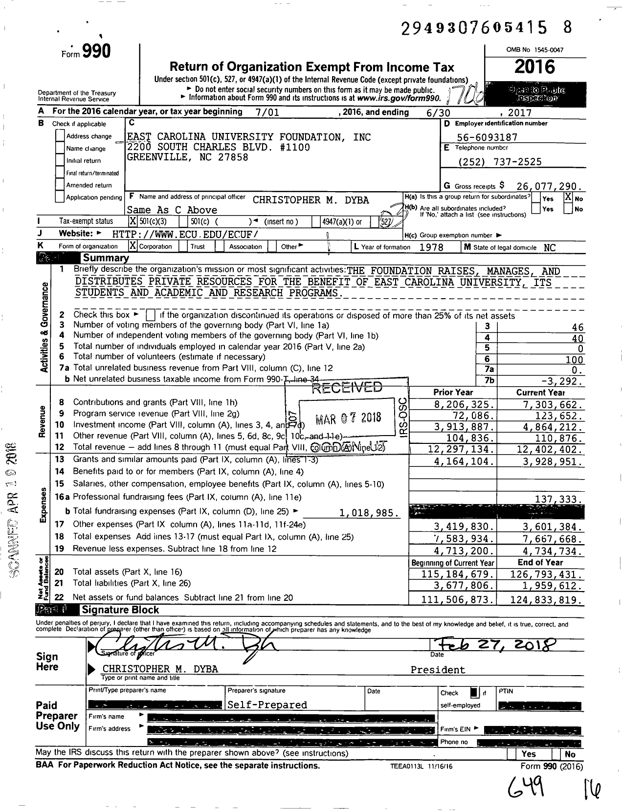 Image of first page of 2016 Form 990 for East Carolina University Foundation