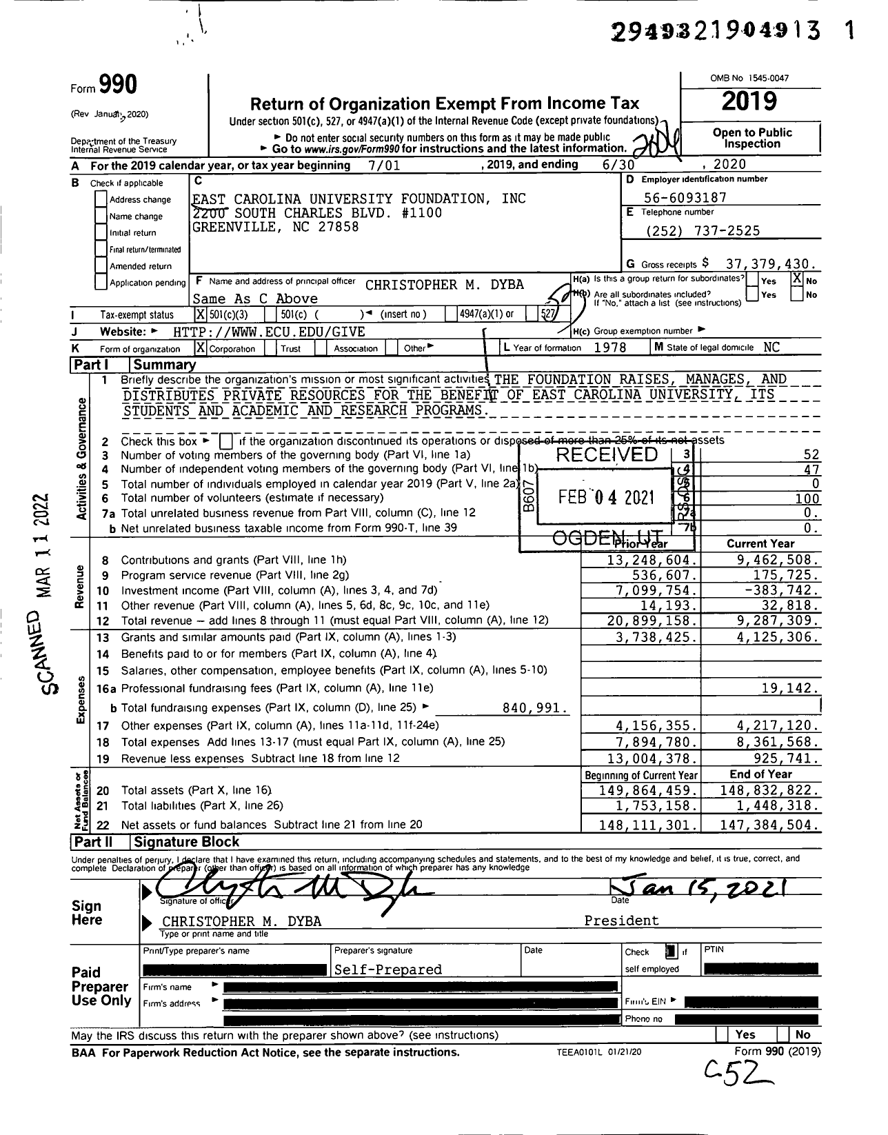 Image of first page of 2019 Form 990 for East Carolina University Foundation