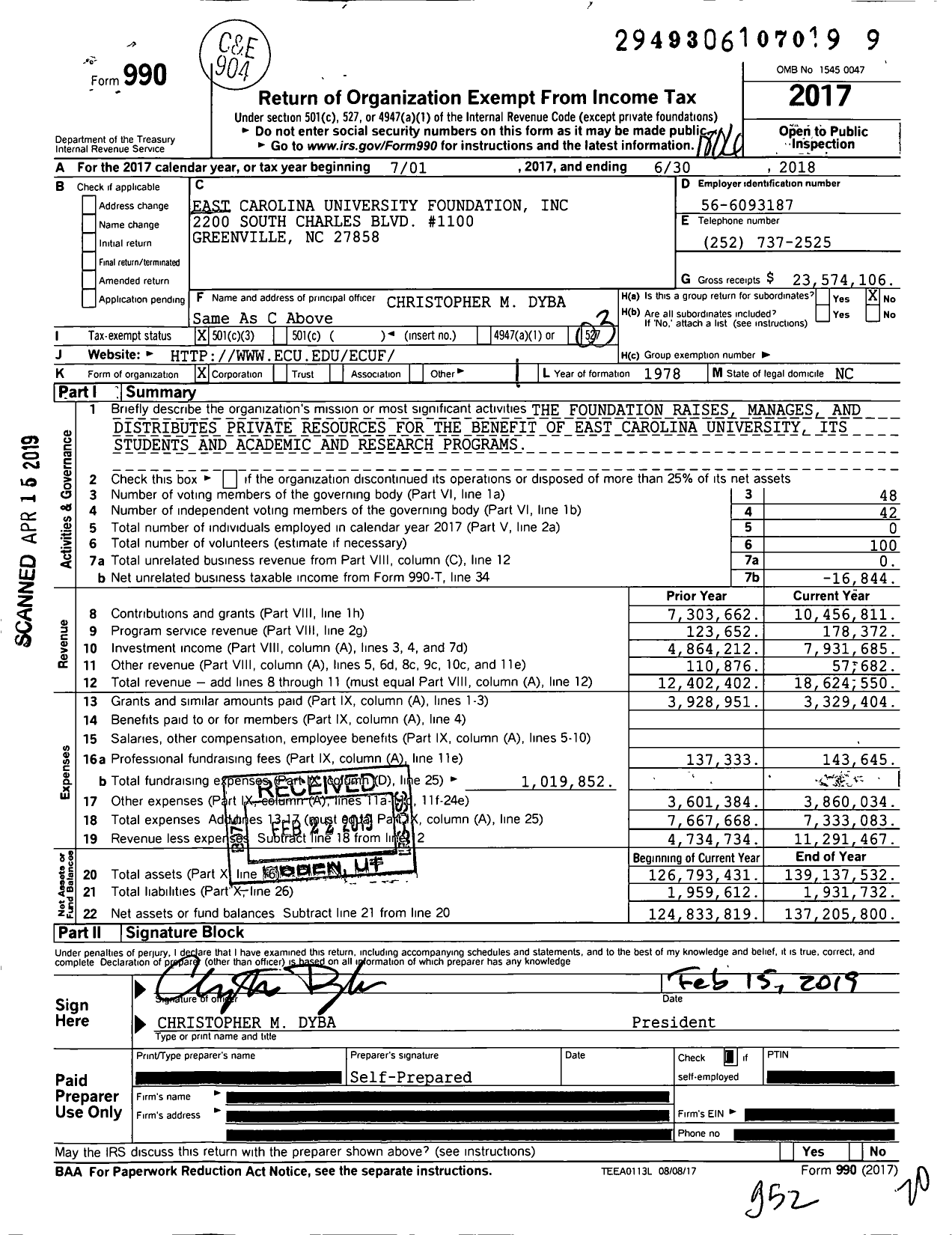 Image of first page of 2017 Form 990 for East Carolina University Foundation