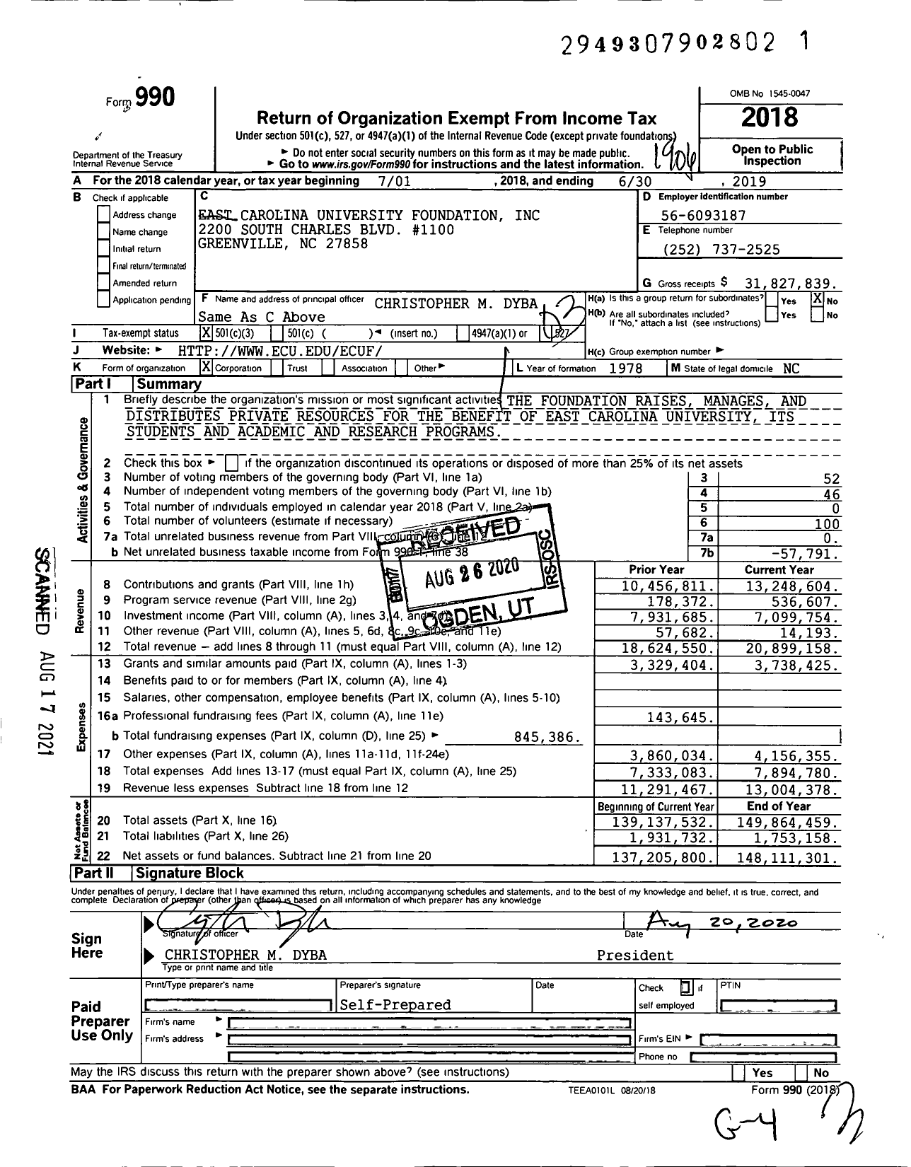 Image of first page of 2018 Form 990 for East Carolina University Foundation