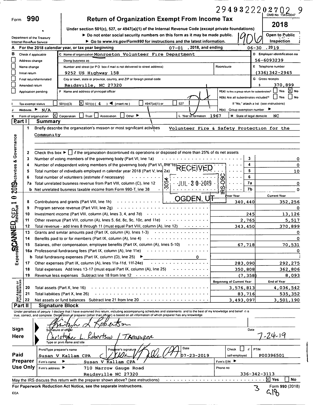 Image of first page of 2018 Form 990O for Monroeton Volunteer Fire Department