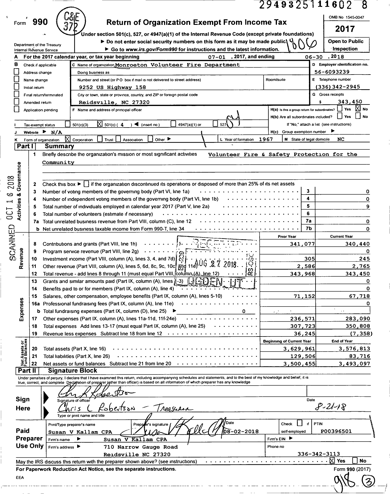 Image of first page of 2017 Form 990O for Monroeton Volunteer Fire Department