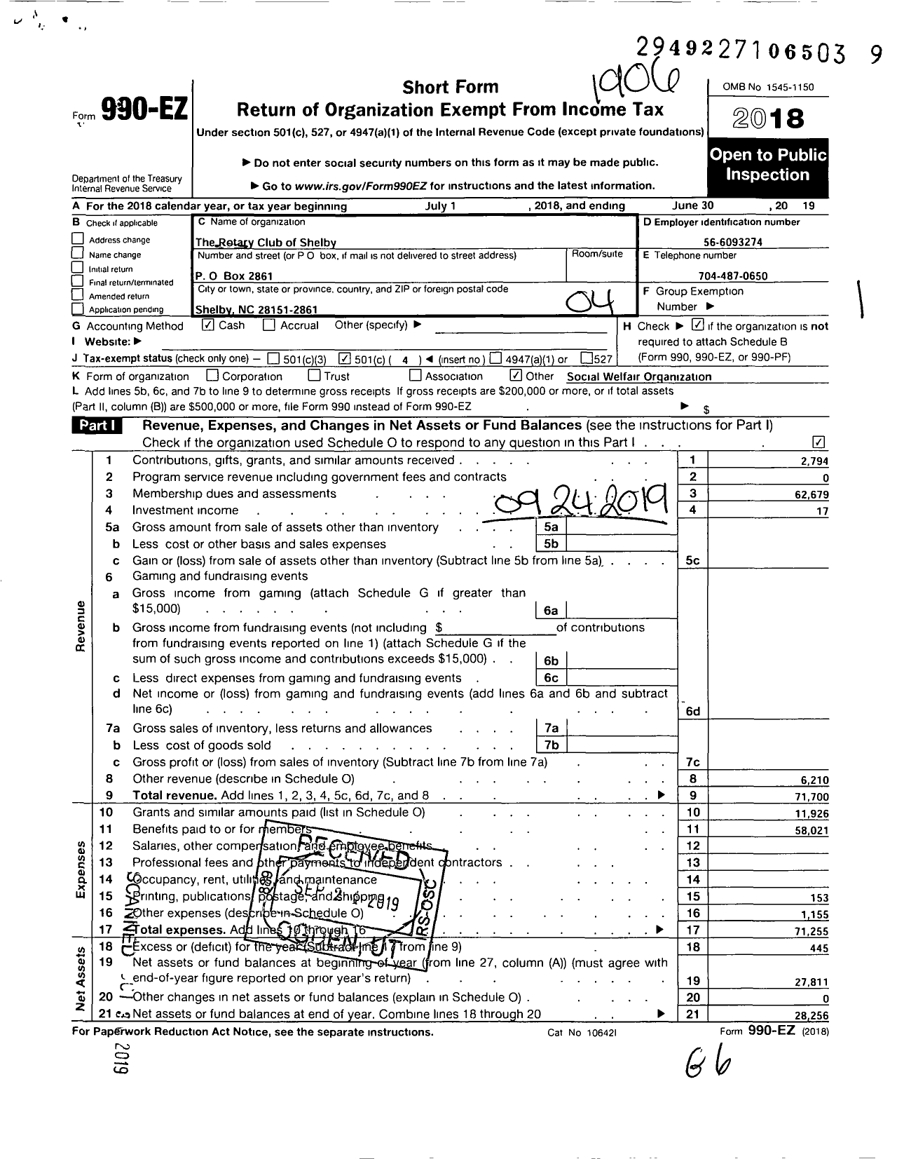 Image of first page of 2018 Form 990EO for Rotary International - Shelby Rotary Club