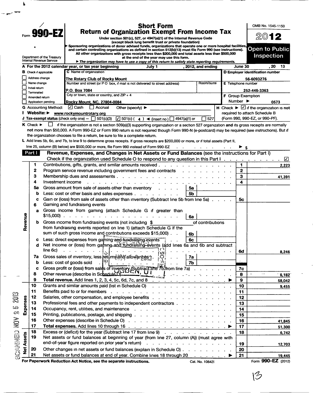 Image of first page of 2012 Form 990EO for Rotary International - Rocky Mount Rotary Club