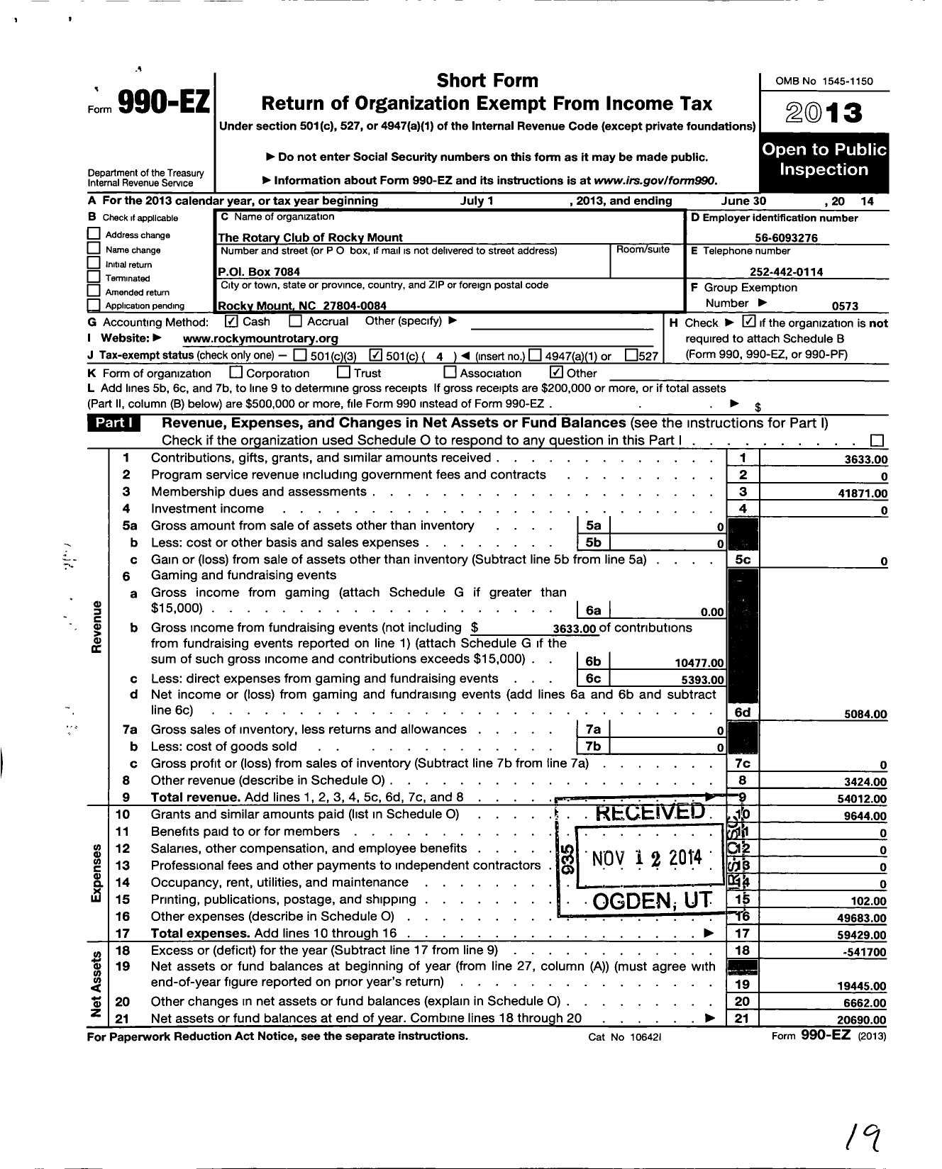 Image of first page of 2013 Form 990EO for Rotary International - Rocky Mount Rotary Club