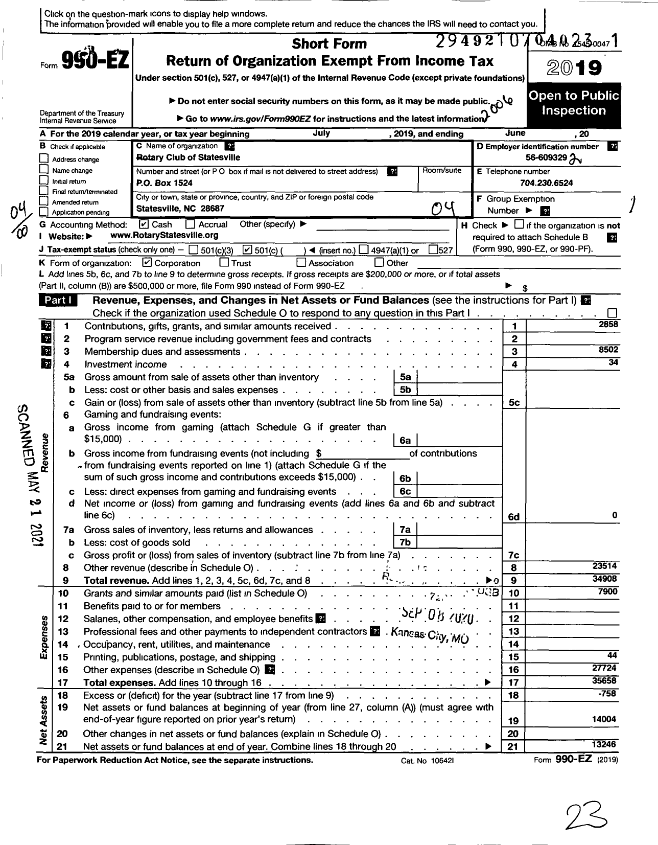 Image of first page of 2019 Form 990EO for Rotary International - Statesville Rotary club