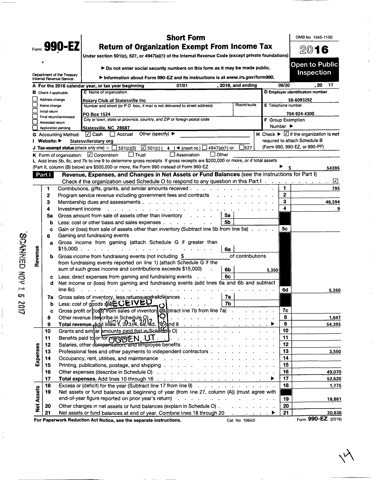 Image of first page of 2016 Form 990EO for Rotary International - Statesville Rotary club