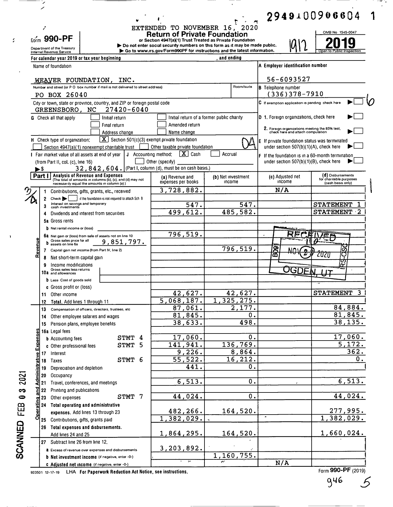 Image of first page of 2019 Form 990PF for Weaver Foundation