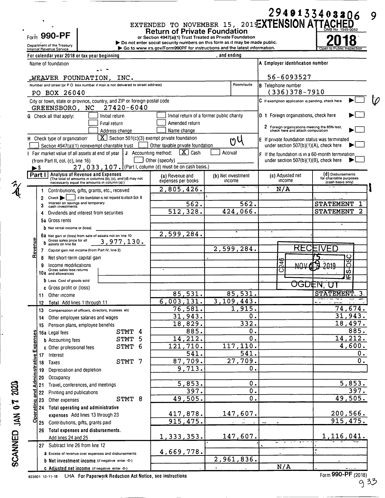 Image of first page of 2018 Form 990PF for Weaver Foundation