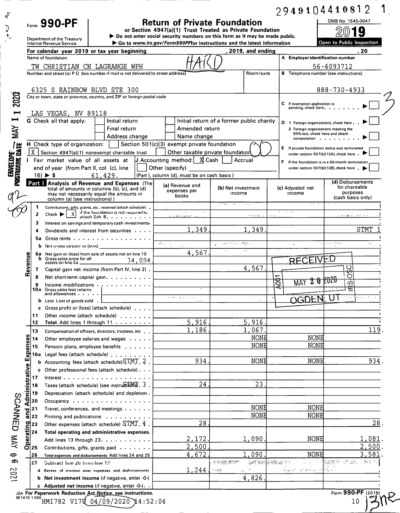 Image of first page of 2019 Form 990PF for TW Christian CH Lagrange WPH