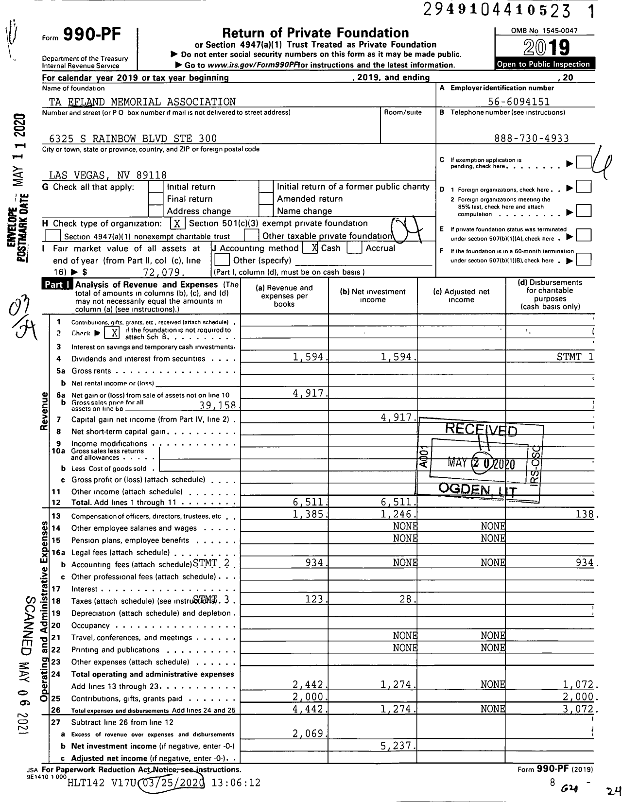 Image of first page of 2019 Form 990PF for Ta Efland Memorial Association