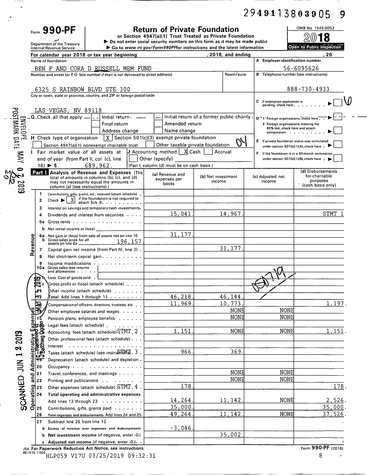 Image of first page of 2018 Form 990PF for Ben F and Cora D Russell Mem Fund